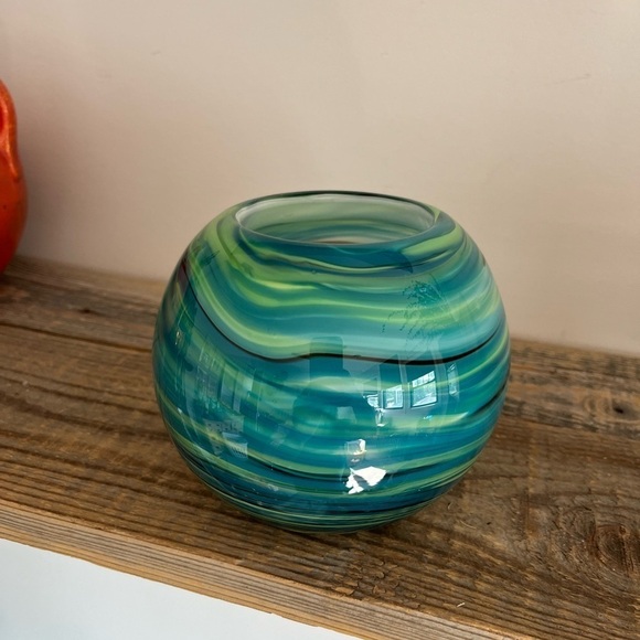 Blue and green hand blown glass ball vase - Picture 3 of 9